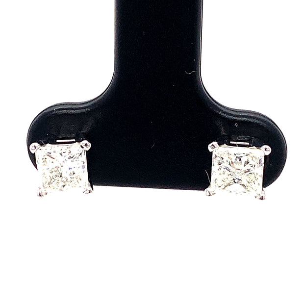 1.13ctw Princess Shape Diamond Stud 14K White Gold Earrings