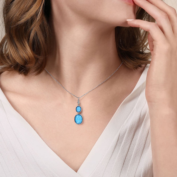 925 Sterling Silver Oval Shape Rock Crystal and Turquoise Bujukan Drop Necklace