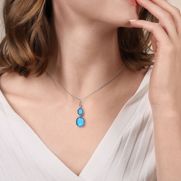 925 Sterling Silver Oval Shape Rock Crystal and Turquoise Bujukan Drop Necklace