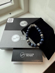 Mens Beaded Sterling Silver And Dumortierite Bracelet
