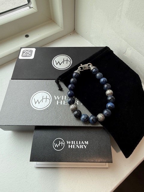 Mens Beaded Sterling Silver And Dumortierite Bracelet