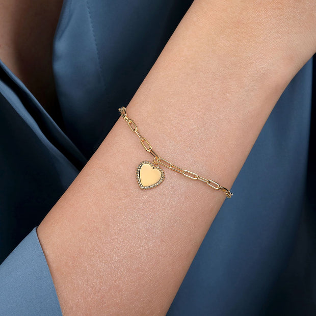 14K Yellow Plain Gold Paperclip Chain Bracelet with Personalized Bujukan Framed Heart Charm