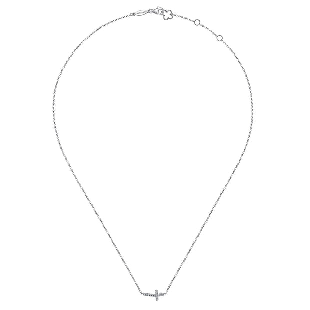 14K White Gold Sideways Curved Diamond Cross Necklace