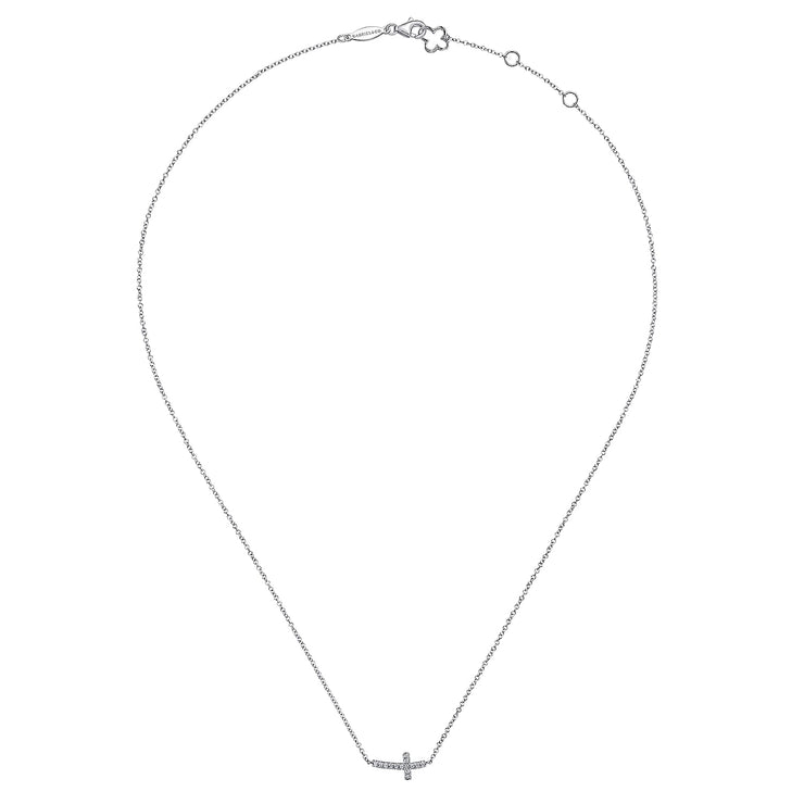 14K White Gold Sideways Curved Diamond Cross Necklace