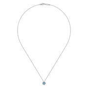 14K White Gold Round Swiss Blue Topaz and Diamond Halo Pendant Necklace