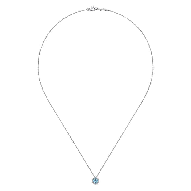 14K White Gold Round Swiss Blue Topaz and Diamond Halo Pendant Necklace