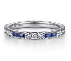 14K White Gold Sapphire Baguette and Diamond Stackable Ring