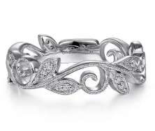 14K White Gold Scrolling Floral Diamond Stackable Ring