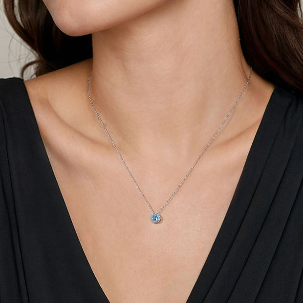 14K White Gold Round Swiss Blue Topaz and Diamond Halo Pendant Necklace