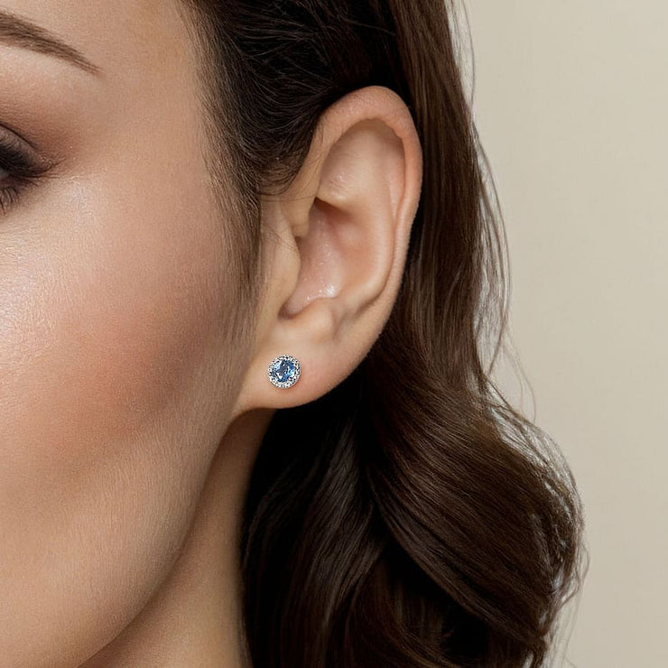 14K White Gold Diamond Halo Swiss Blue Topaz Stud Earrings
