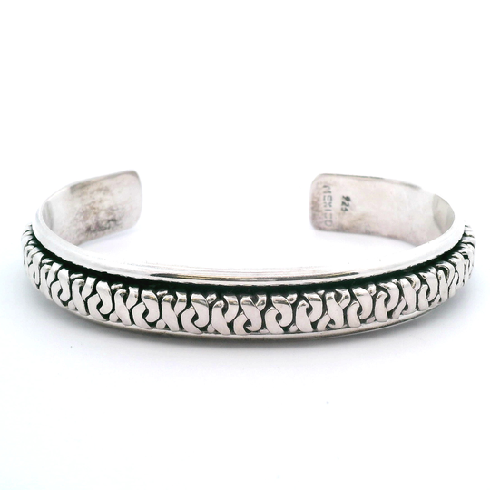Sterling Silver Signed Mexico Cuff Bracelet w/ a Woven Center Pattern