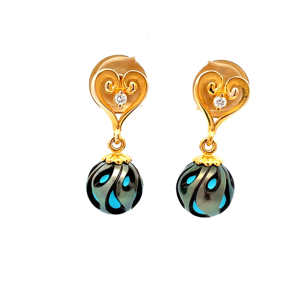 Estate Hand Carved Tahitian Pearl Earrings