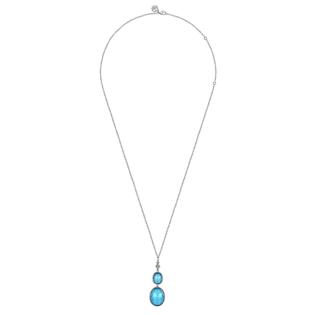 925 Sterling Silver Oval Shape Rock Crystal and Turquoise Bujukan Drop Necklace