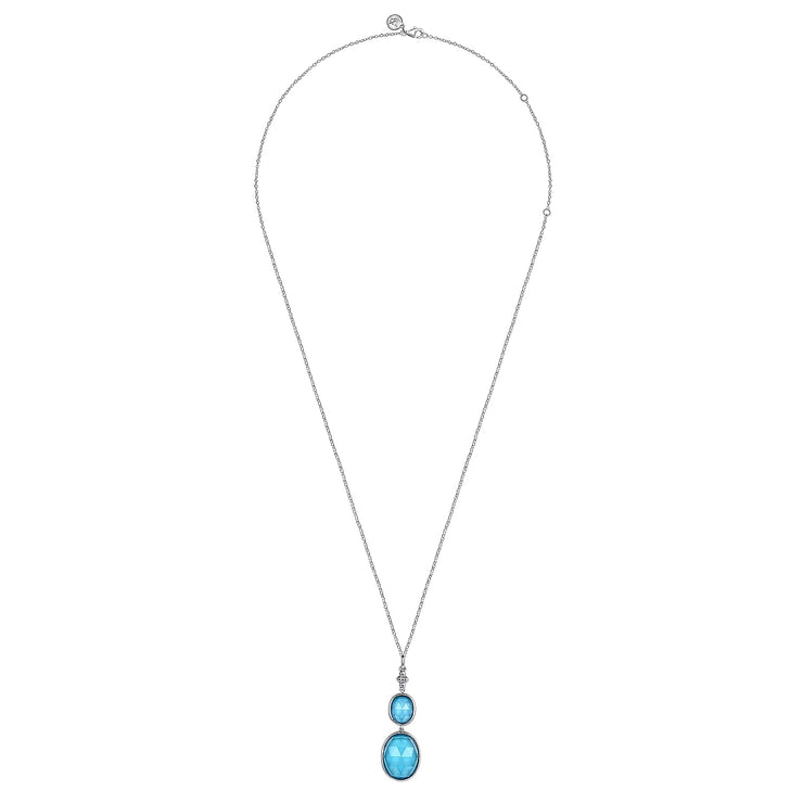 925 Sterling Silver Oval Shape Rock Crystal and Turquoise Bujukan Drop Necklace