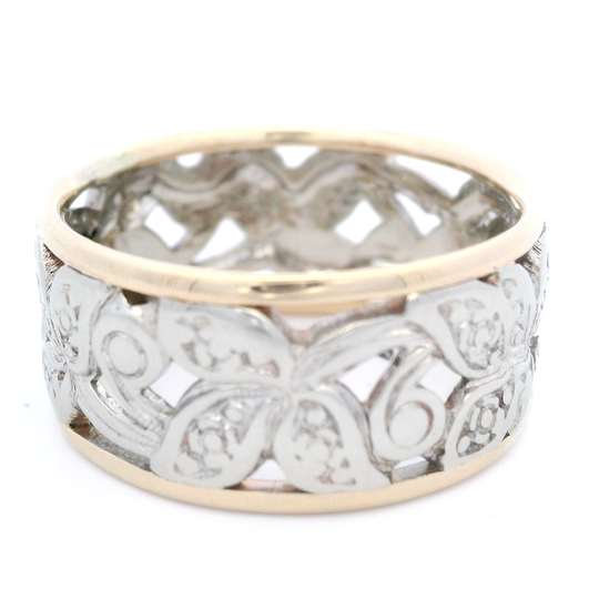 Wide Two-Tone Engraved Flower Ring