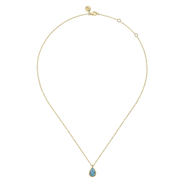 14K Yellow Gold Teardrop Blue Topaz Pendant Necklace