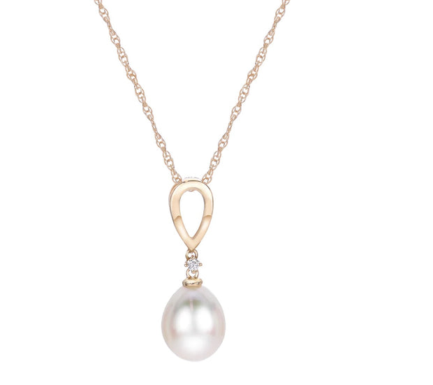 14 Karat Yellow Gold Pearl And Diamond Drop Necklace