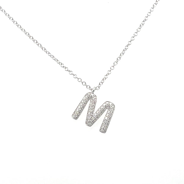 14 KT White Gold Rhodium Plated Initial "M" Pendant/Necklace