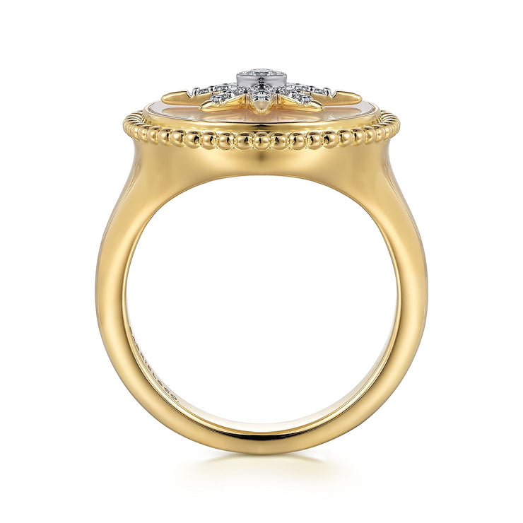14K Yellow Gold Mother of Pearl Inlay and Diamond Starburst Signet Ring