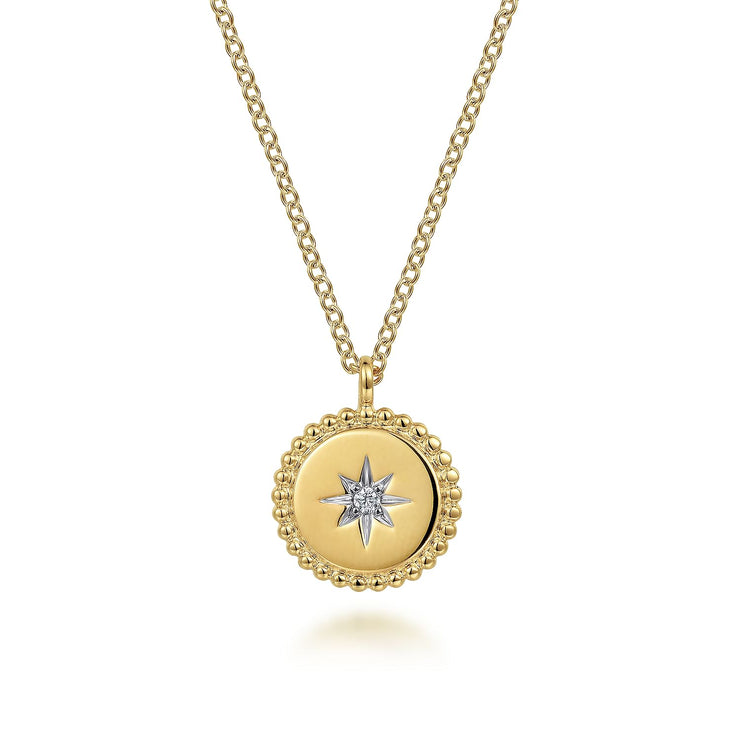 14K Yellow Gold Bujukan Medallion Necklace with Starburst Diamond Center - 0.02 ct - Shot 2
