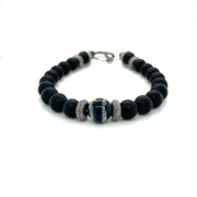 Mens Beaded Sterling Silver, Woolly Mammoth Tooth And Frosted Black Onyx Bracelet