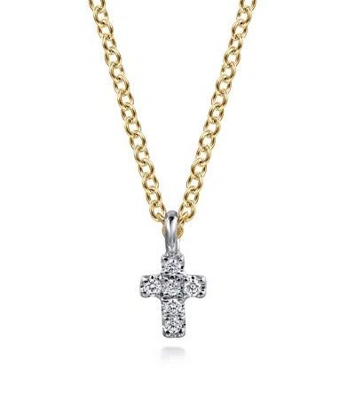 14K Yellow And White Gold Rhodium Plated Diamond Cross Pendant Necklace