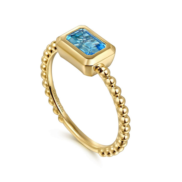 14K Yellow Plain Gold Bujukan And Blue Topaz Stackable Ring