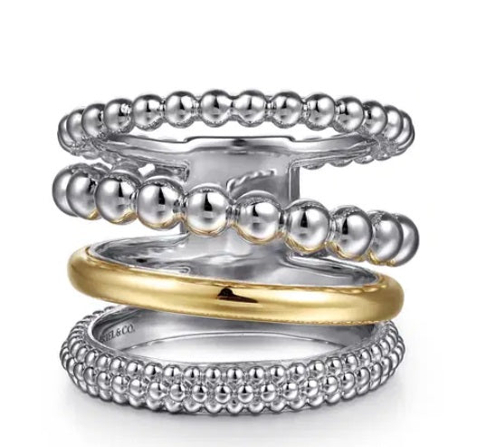 14K Yellow Gold And 925 Sterling Silver Bujukan Wide Band Ring