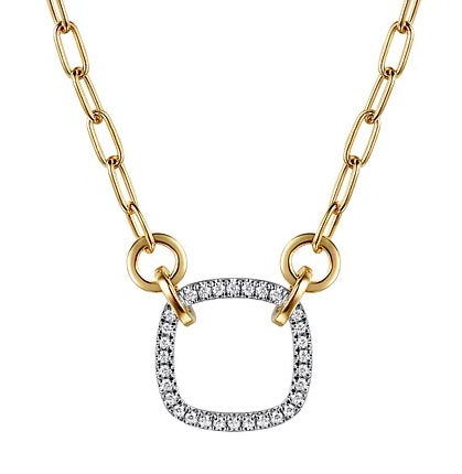 14K White And Yellow Gold Open Cushion Shape Diamond Hollow Paperclip Chain Necklace