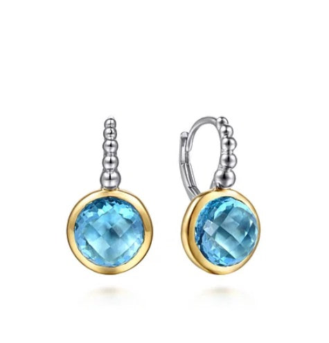 14K Yellow Gold And 925 Sterling Silver Bujukan Round Blue Topaz Leverback Earrings