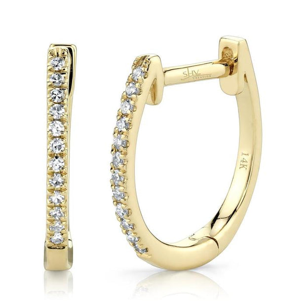 14 Karat Yellow Gold Diamond Huggie Small Hoop Earrings