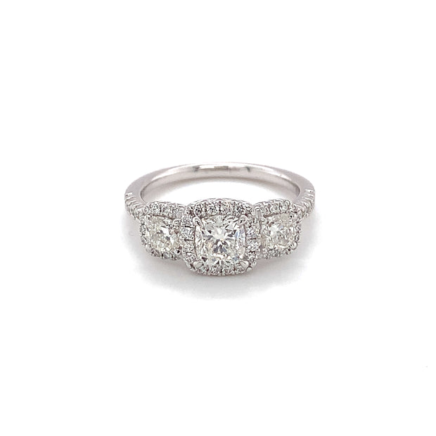 Platinum 3 Stone With Diamond Halo Engagement Ring