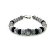 Mens Beaded Sterling Silver, Matte Onyx And Silver Agate Bracelet