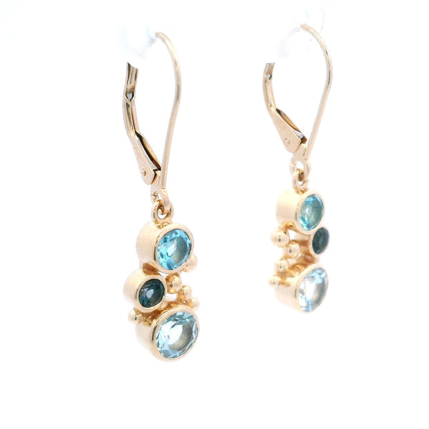 18K Yellow Blue Topaz Dangle Earrings
