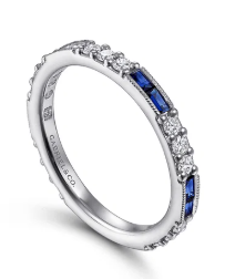 14K White Gold Sapphire Baguette and Diamond Stackable Ring
