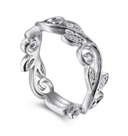 14K White Gold Scrolling Floral Diamond Stackable Ring