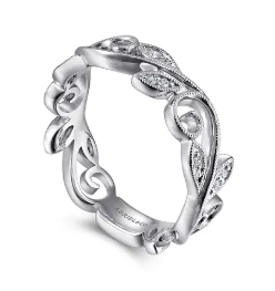 14K White Gold Scrolling Floral Diamond Stackable Ring