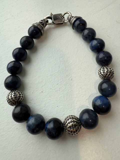 Mens Beaded Sterling Silver And Dumortierite Bracelet