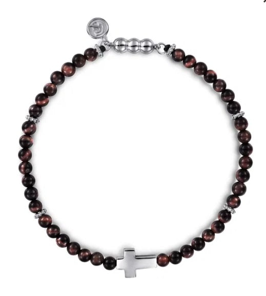 925 Sterling Silver Cross Bracelet with 4mm Tiger Eye Beads