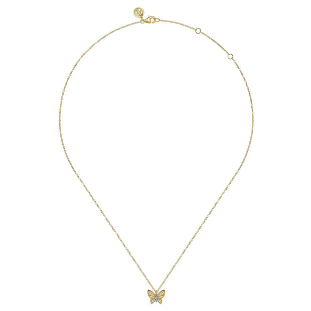 14K Yellow Gold Butterfly Necklace With Diamond Cut Finish And Graduating Diamonds