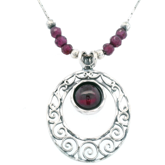 PAZ Sterling Silver Oval Scroll Garnet Necklace