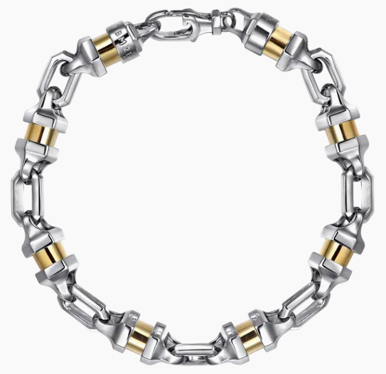 925 Sterling Silver and 14K Yellow Gold Cylinder Mens Bracelet