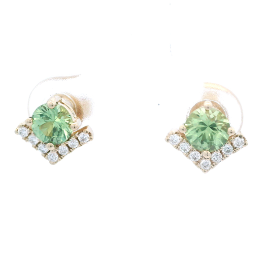 14 Karat Yellow Gold Green Sapphire & Diamond Stud Earrings