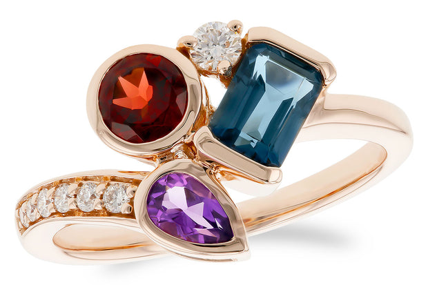 14 Karat Rose Gold Garnet, Amethyst, Blue Topaz, And Diamond Fashion Ring