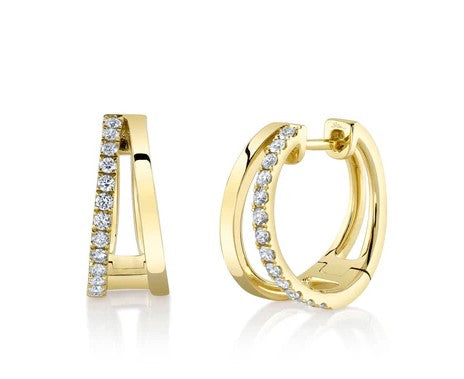 14 Karat Yellow Gold Double Row Diamond Hoop Earrings